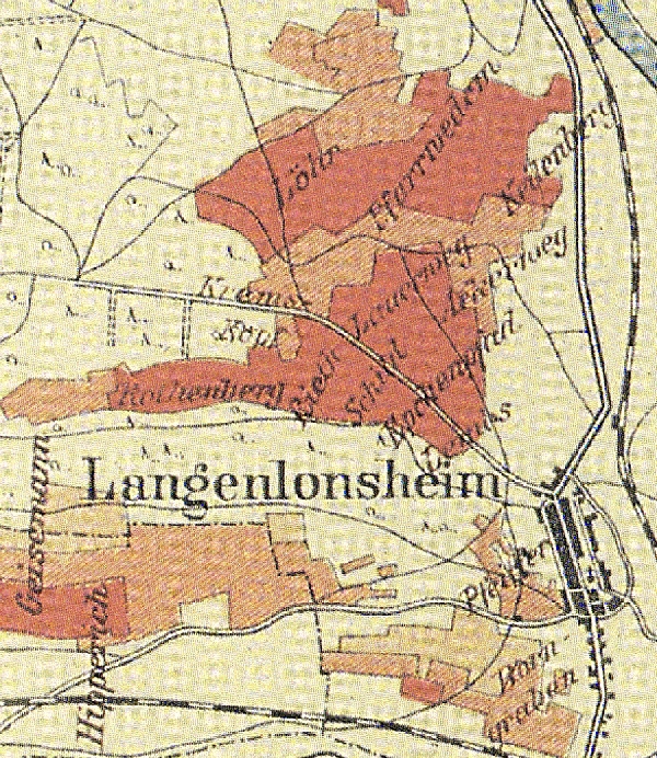 Die Abbildung zeigt einen Ausschnitt des Ortes Langenlonsheim mit seinen Lagen. Aus der historischen Nahe-Weinbau-Karte für den Regierungsbezirk Koblenz aus dem Jahre 1901.