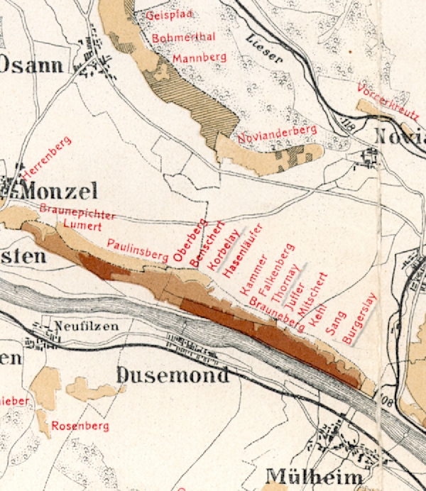 Die Abbildung zeigt die Umgebung des Ortes Brauneberg mit seinen Lagen. Aus der historischen Mosel-Weinbau-Karte für den Regierungsbezirk Trier aus dem Jahre 1906.