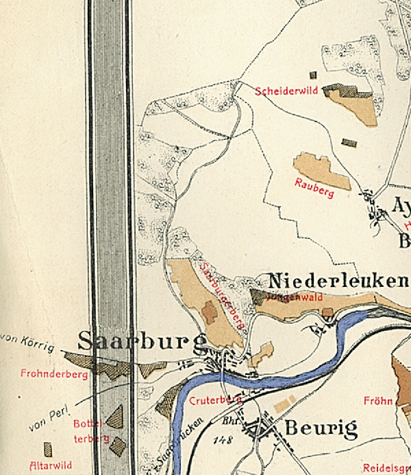 Die Abbildung zeigt die Umgebung des Ortes Saarburg mit seinen Lagen. Aus der historischen Mosel-Weinbau-Karte für den Regierungsbezirk Trier aus dem Jahre 1906.