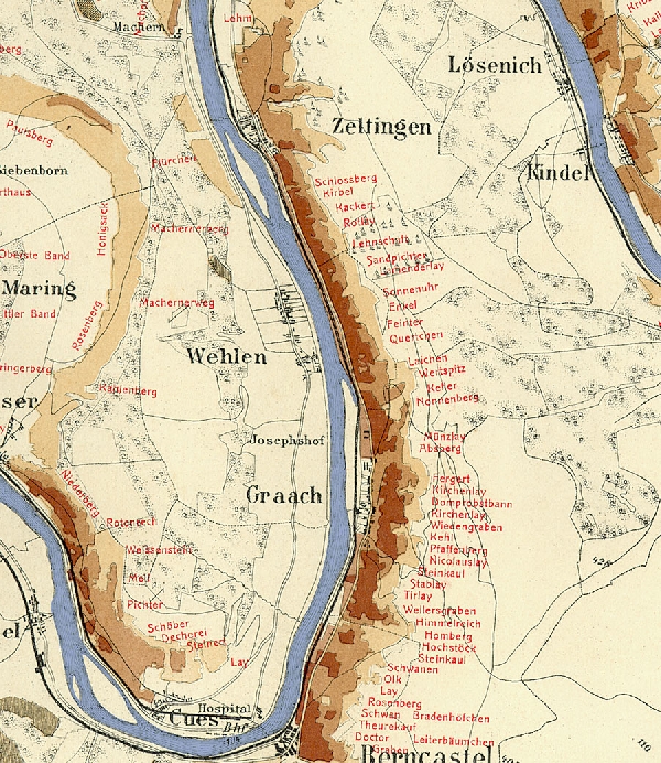 Die Abbildung zeigt die Umgebung des Ortes Zeltingen mit seinen Lagen. Aus der historischen Mosel-Weinbau-Karte für den Regierungsbezirk Trier aus dem Jahre 1906.