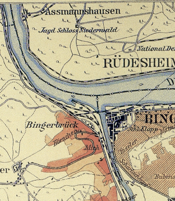 Die Abbildung zeigt einen Ausschnitt des Ortes Assmannshausen mit seinen Lagen. Aus der historischen Nahe-Weinbau-Karte für den Regierungsbezirk Koblenz aus dem Jahre 1901.