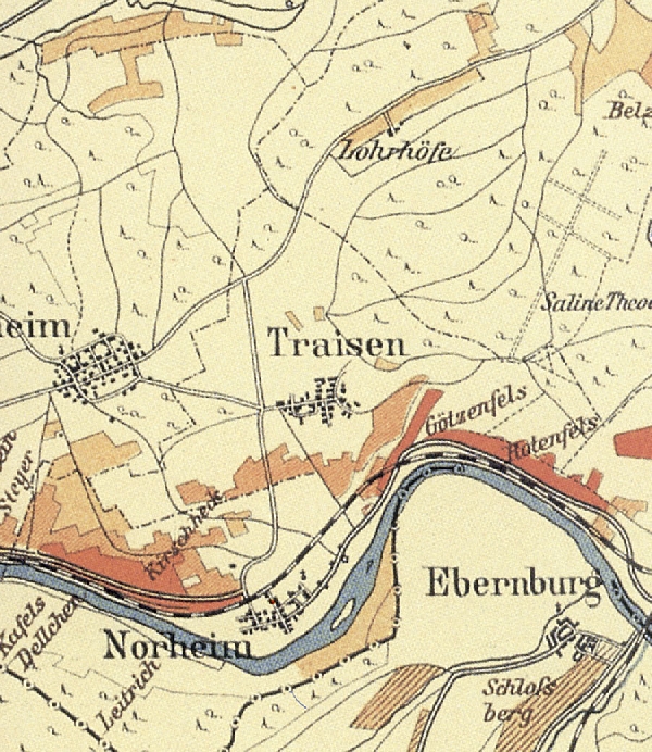Die Abbildung zeigt einen Ausschnitt des Ortes Traisen mit seinen Lagen. Aus der historischen Nahe-Weinbau-Karte für den Regierungsbezirk Koblenz aus dem Jahre 1901.