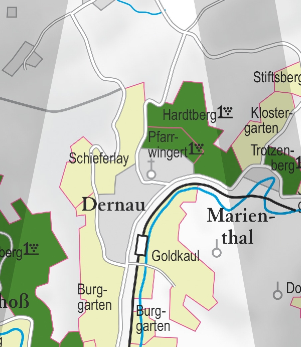 Die Abbildung zeigt den Ort dernau mit seinen Ersten Lagen. Ausschnitt aus dem Weinatlas Deutschland. Stand 2009.
