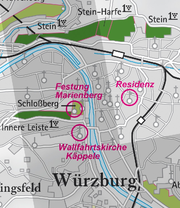 Die Abbildung zeigt den Ort würzburg mit seinen Ersten Lagen. Ausschnitt aus dem Weinatlas Deutschland. Stand 2009.