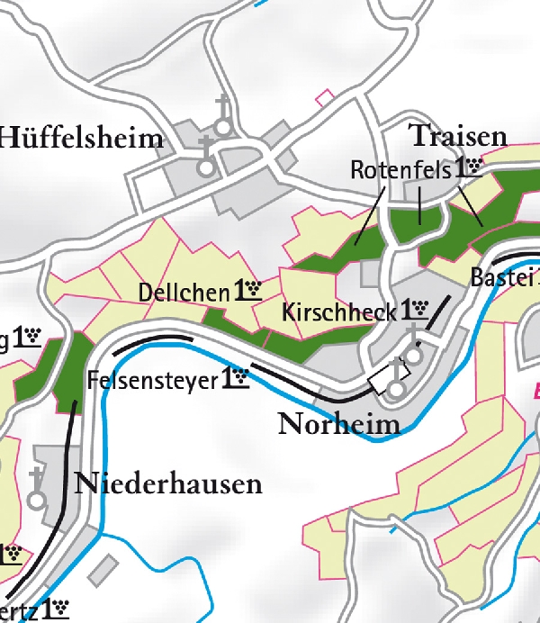 Die Abbildung zeigt den Ort norheim mit seinen Ersten Lagen. Ausschnitt aus dem Weinatlas Deutschland. Stand 2009.