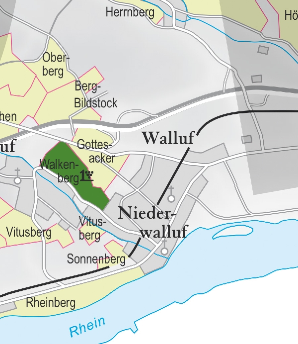 Die Abbildung zeigt den Ort walluf mit seinen Ersten Lagen. Ausschnitt aus dem Weinatlas Deutschland. Stand 2009.