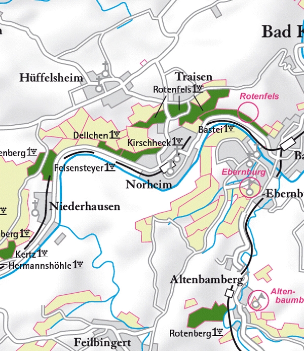 Die Abbildung zeigt den Ort norheim und seine Umgebung mit ihren Ersten Lagen. Ausschnitt aus dem Weinatlas Deutschland. Stand 2009.
