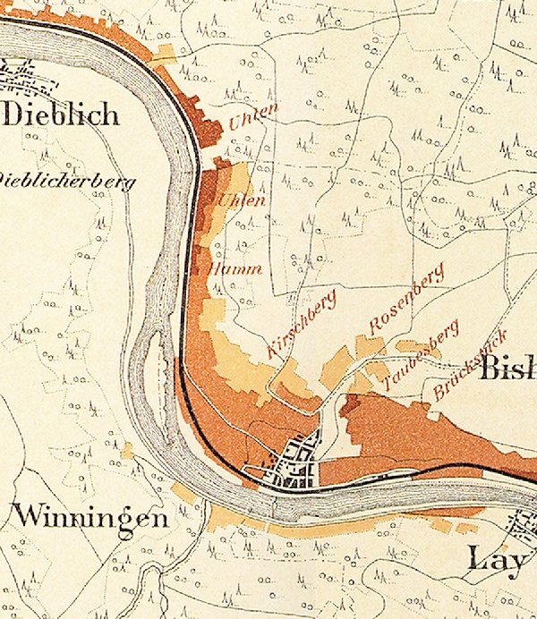 Die Abbildung zeigt einen Ausschnitt des Ortes Winningen mit seinen Lagen. Aus der historischen Mosel-Weinbau-Karte für den Regierungsbezirk Koblenz aus dem Jahre 1897.