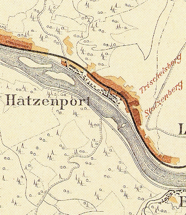 Die Abbildung zeigt einen Ausschnitt des Ortes Hatzenport mit seinen Lagen. Aus der historischen Mosel-Weinbau-Karte für den Regierungsbezirk Koblenz aus dem Jahre 1897.