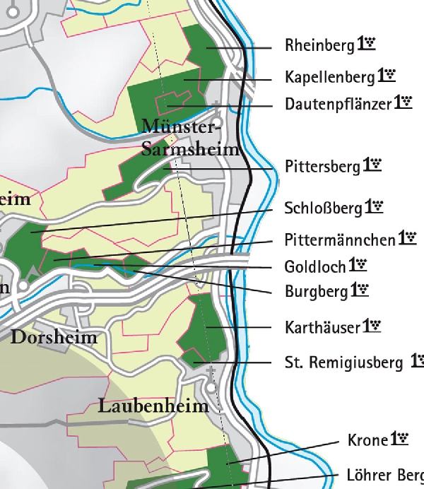 Die Abbildung zeigt den Ort Dorsheim mit seinen Ersten Lagen. Ausschnitt aus dem Titel „Weinatlas Deutschland“, erschienen im HALLWAG Verlag mit freundlicher Genehmigung der GRÄFE und UNZER VERLAG GmbH, München. Stand 2009.
