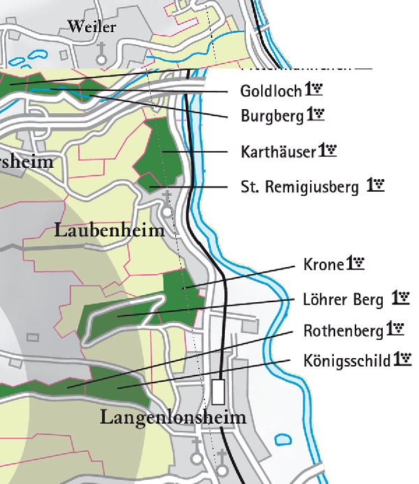 Die Abbildung zeigt den Ort Langenlonsheim mit seinen Ersten Lagen. Ausschnitt aus dem Titel „Weinatlas Deutschland“, erschienen im HALLWAG Verlag mit freundlicher Genehmigung der GRÄFE und UNZER VERLAG GmbH, München. Stand 2009.