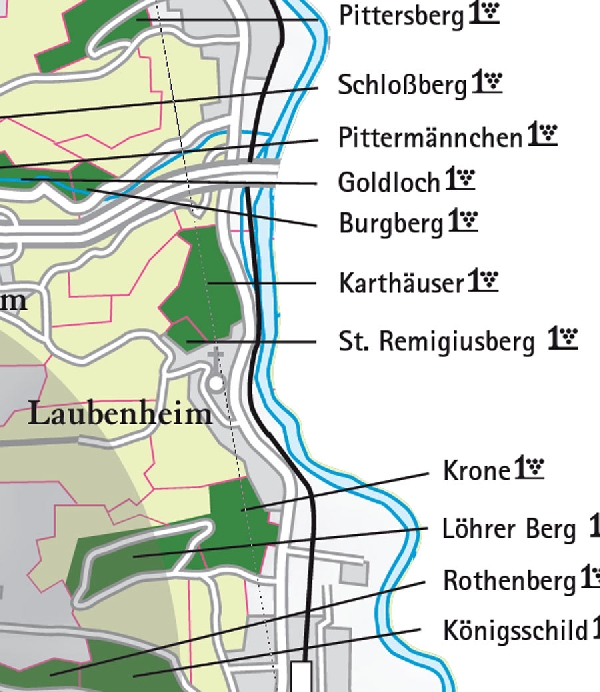 Die Abbildung zeigt den Ort Laubenheim mit seinen Ersten Lagen. Ausschnitt aus dem Titel „Weinatlas Deutschland“. Stand 2009.