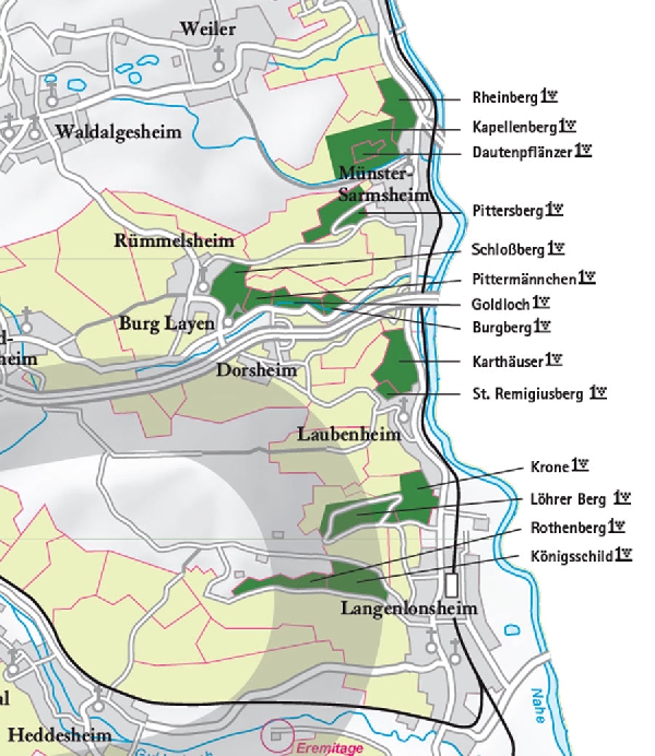 Die Abbildung zeigt die Region um die Orte Münster-Sarmsheim, Burg Layen, Dorsheim, Laubenheim, Langenlonsheim und deren Erste Lagen. Ausschnitt aus dem Titel „Weinatlas Deutschland“. Stand 2009.

