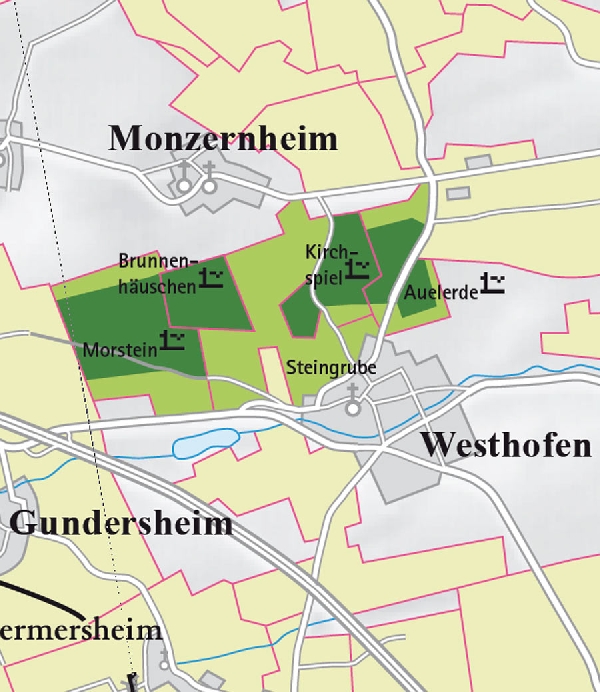 Diese Abbildung zeigt den Ort Westofen mit seinen Ersten Lagen. Ausschnitt aus der Lagenkarte Rheinhessen. Stand 2009.