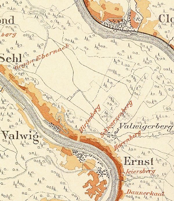 Die Abbildung zeigt die Orte Valwig und Ernst mit ihren Lagen. Ausschnitt aus der historischen Mosel-Weinbau-Karte für den Regierungsbezirk Koblenz aus dem Jahre 1897.