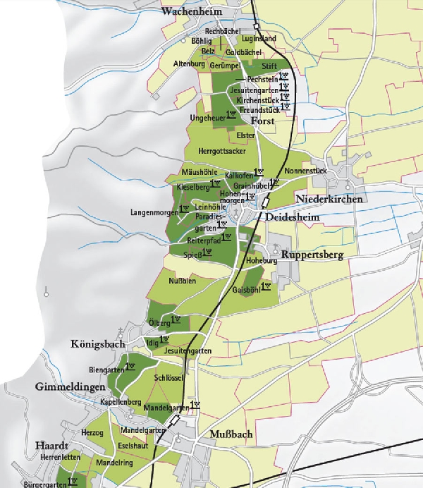 Die Abbildung zeigt die Region um die Orte Deidersheim,Ruppertsberg, Gimmeldingen und Königsbach mit ihren Ersten Lagen. Ausschnitt aus der Lagenkarte Pfalz | Mittelhaardt. 