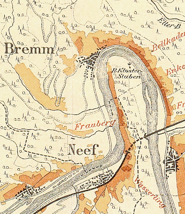 Die Abbildung zeigt die Umgebung des Ortes Bremm mit seinen Lagen. Aus der historischen Mosel-Weinbau-Karte für den Regierungsbezirk Koblenz aus dem Jahre 1897.