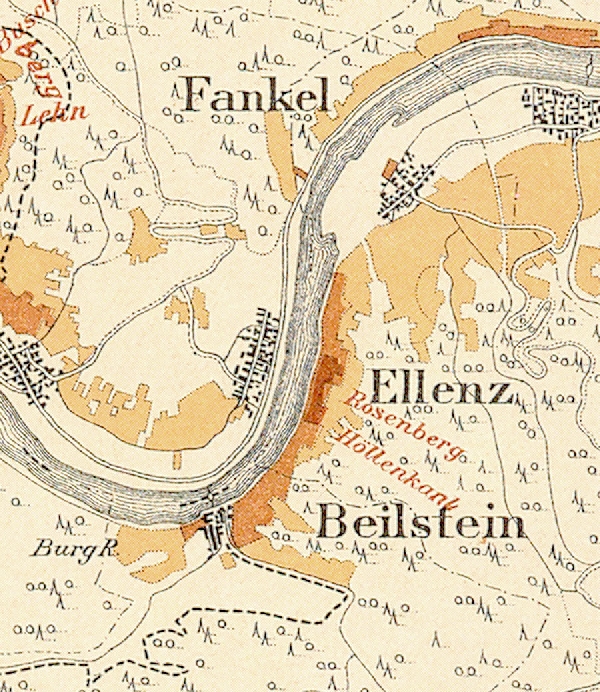 Die Abbildung zeigt die Umgebung des Ortes Beilsteil mit seinen Lagen. Aus der historischen Mosel-Weinbau-Karte für den Regierungsbezirk Koblenz aus dem Jahre 1897.