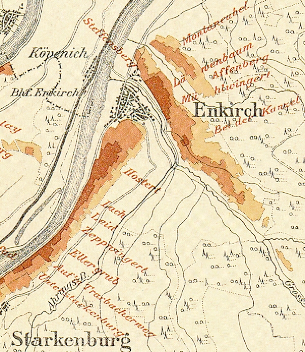 Die Abbildung zeigt die Umgebung des Ortes Enkirch mit seinen Lagen. Aus der historischen Mosel-Weinbau-Karte für den Regierungsbezirk Koblenz aus dem Jahre 1897.