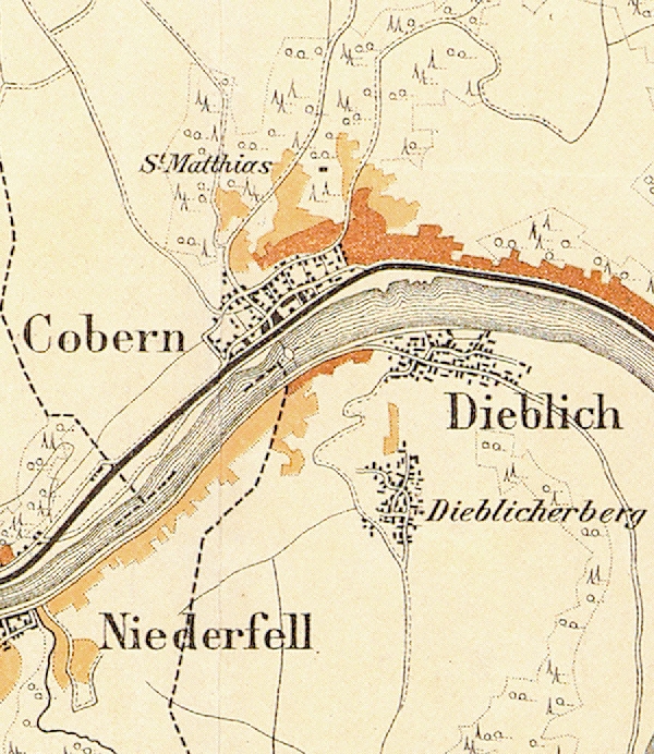 Die Abbildung zeigt die Umgebung des Ortes Kobern mit seinen Lagen. Aus der historischen Mosel-Weinbau-Karte für den Regierungsbezirk Koblenz aus dem Jahre 1897.