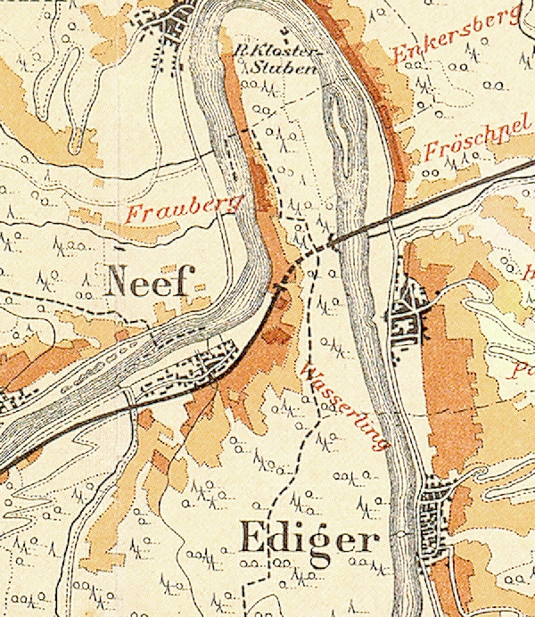 Die Abbildung zeigt die Umgebung des Ortes Neef mit seinen Lagen. Aus der historischen Mosel-Weinbau-Karte für den Regierungsbezirk Koblenz aus dem Jahre 1897.