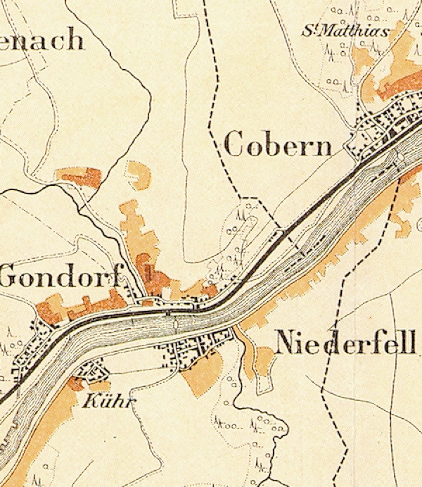 Die Abbildung zeigt die Umgebung des Ortes Niederfell mit seinen Lagen. Aus der historischen Mosel-Weinbau-Karte für den Regierungsbezirk Koblenz aus dem Jahre 1897.