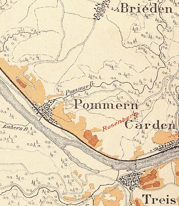 Die Abbildung zeigt die Umgebung des Ortes Pommern mit seinen Lagen. Aus der historischen Mosel-Weinbau-Karte für den Regierungsbezirk Koblenz aus dem Jahre 1897.