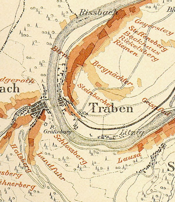 Die Abbildung zeigt die Umgebung des Ortes Traben mit seinen Lagen. Aus der historischen Mosel-Weinbau-Karte für den Regierungsbezirk Koblenz aus dem Jahre 1897.