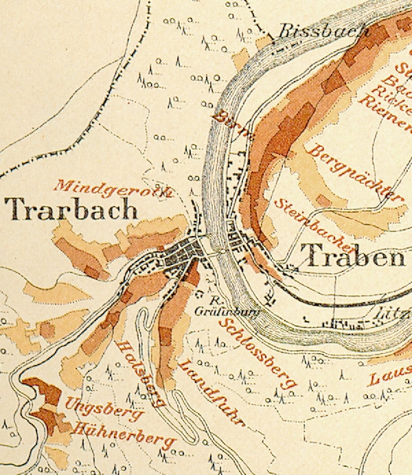 Die Abbildung zeigt die Umgebung des Ortes Trarbach mit seinen Lagen. Aus der historischen Mosel-Weinbau-Karte für den Regierungsbezirk Koblenz aus dem Jahre 1897.