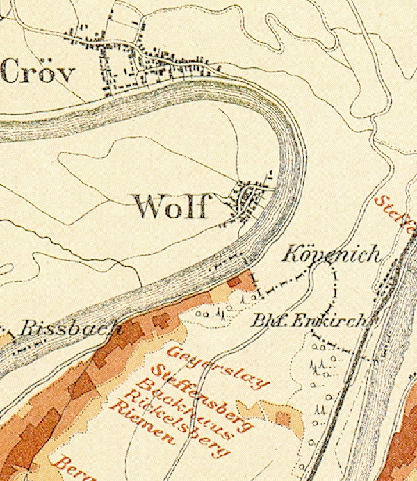 Die Abbildung zeigt die Umgebung des Ortes Wolf mit seinen Lagen. Aus der historischen Mosel-Weinbau-Karte für den Regierungsbezirk Koblenz aus dem Jahre 1906.