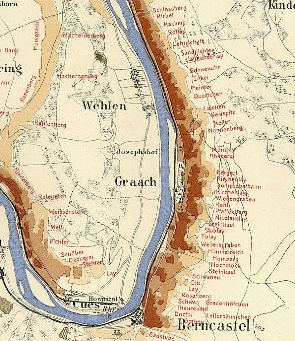 Die Abbildung zeigt die Umgebung des Ortes Bernkastel mit seinen Lagen. Aus der historischen Mosel-Weinbau-Karte für den Regierungsbezirk Trier aus dem Jahre 1906.
