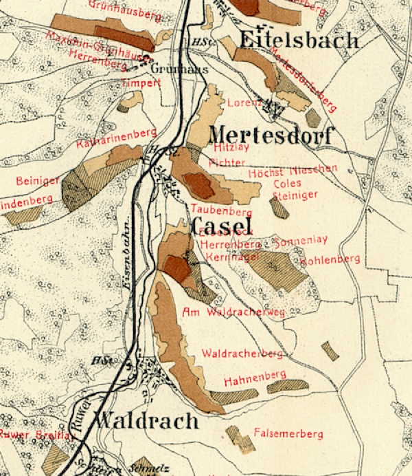 Die Abbildung zeigt die Umgebung des Ortes Casel mit seinen Lagen. Aus der historischen Mosel-Weinbau-Karte für den Regierungsbezirk Trier aus dem Jahre 1868.