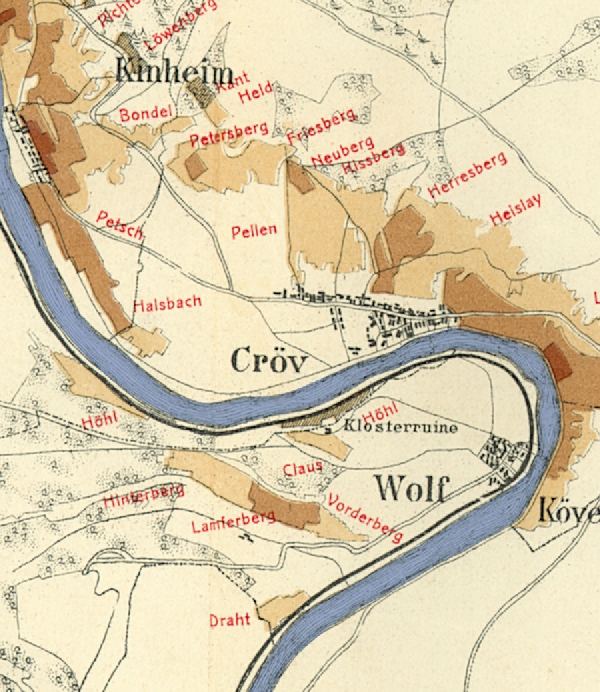 Die Abbildung zeigt die Umgebung des Ortes Cröv mit seinen Lagen. Aus der historischen Mosel-Weinbau-Karte für den Regierungsbezirk Trier aus dem Jahre 1868.