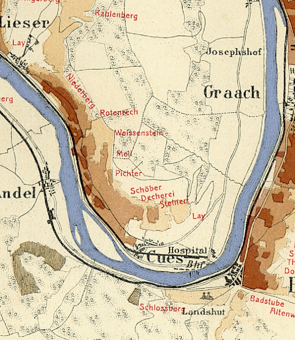 Die Abbildung zeigt die Umgebung des Ortes Cues mit seinen Lagen. Aus der historischen Mosel-Weinbau-Karte für den Regierungsbezirk Trier aus dem Jahre 1868.
