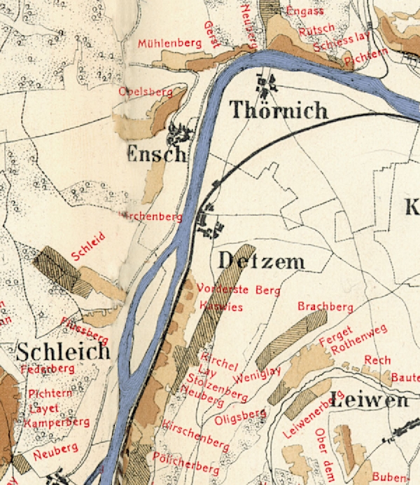 Die Abbildung zeigt die Umgebung des Ortes Detzem mit seinen Lagen. Aus der historischen Mosel-Weinbau-Karte für den Regierungsbezirk Trier aus dem Jahre 1906.
