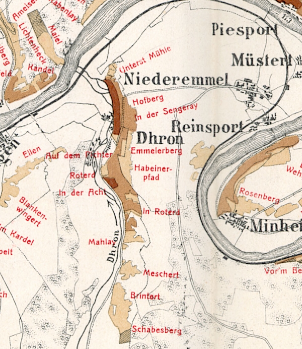 Die Abbildung zeigt die Umgebung des Ortes Dhron mit seinen Lagen. Aus der historischen Mosel-Weinbau-Karte für den Regierungsbezirk Trier aus dem Jahre 1906.