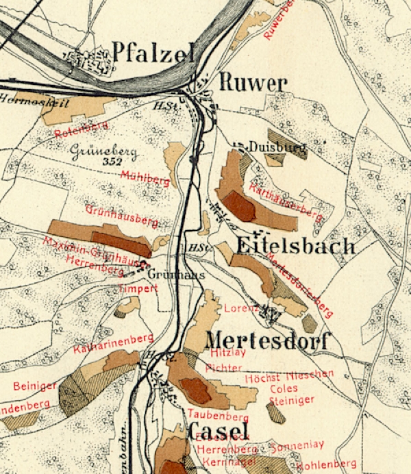 Die Abbildung zeigt die Umgebung des Ortes Eitelsbach mit seinen Lagen. Aus der historischen Mosel-Weinbau-Karte für den Regierungsbezirk Trier aus dem Jahre 1906.