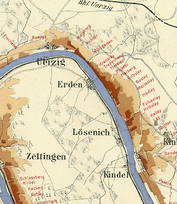 Die Abbildung zeigt die Umgebung des Ortes Erden mit seinen Lagen. Aus der historischen Mosel-Weinbau-Karte für den Regierungsbezirk Trier aus dem Jahre 1906.