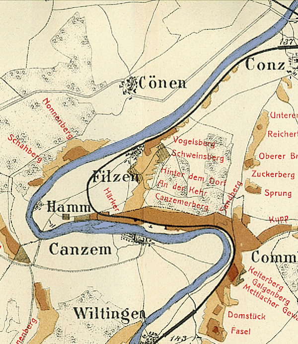 Die Abbildung zeigt die Umgebung des Ortes Filzen mit seinen Lagen. Aus der historischen Mosel-Weinbau-Karte für den Regierungsbezirk Trier aus dem Jahre 1906.