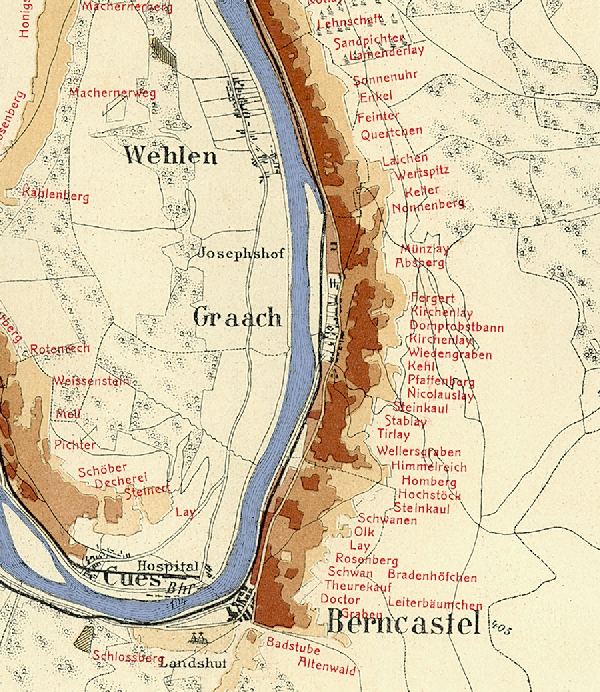 Die Abbildung zeigt die Umgebung des Ortes Graach mit seinen Lagen. Aus der historischen Mosel-Weinbau-Karte für den Regierungsbezirk Trier aus dem Jahre 1906.