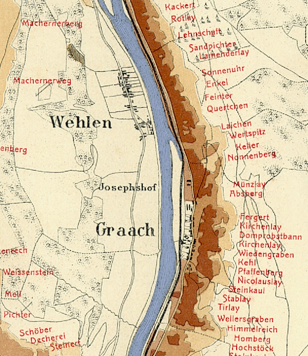 Die Abbildung zeigt die Umgebung des Ortes Josephshof mit seinen Lagen. Aus der historischen Mosel-Weinbau-Karte für den Regierungsbezirk Trier aus dem Jahre 1906.