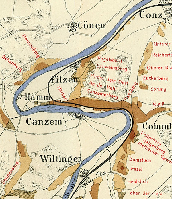 Die Abbildung zeigt die Umgebung des Ortes Kanzem mit seinen Lagen. Aus der historischen Mosel-Weinbau-Karte für den Regierungsbezirk Trier aus dem Jahre 1906.