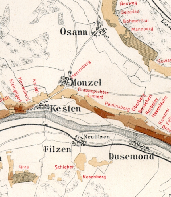 Die Abbildung zeigt die Umgebung des Ortes Kesten mit seinen Lagen. Aus der historischen Mosel-Weinbau-Karte für den Regierungsbezirk Trier aus dem Jahre 1906.
