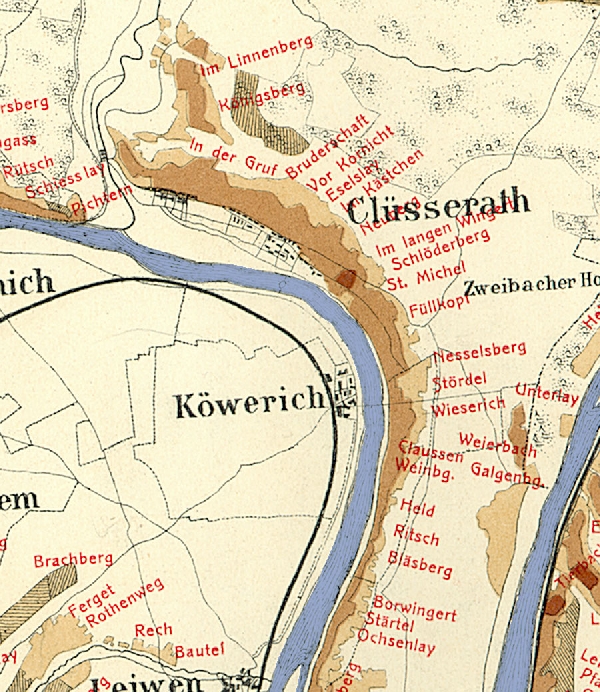 Die Abbildung zeigt die Umgebung des Ortes Klüsserath mit seinen Lagen. Aus der historischen Mosel-Weinbau-Karte für den Regierungsbezirk Trier aus dem Jahre 1868.