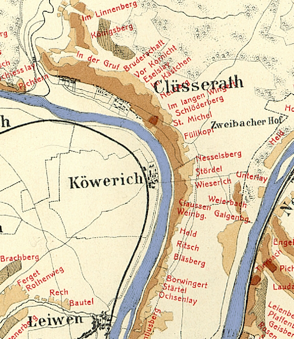 Die Abbildung zeigt die Umgebung des Ortes Köwerich mit seinen Lagen. Aus der historischen Mosel-Weinbau-Karte für den Regierungsbezirk Trier aus dem Jahre 1868.