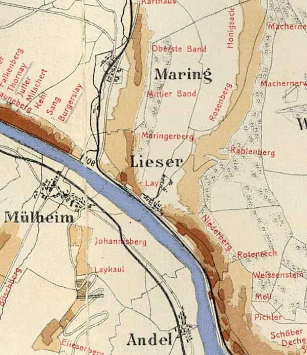 Die Abbildung zeigt die Umgebung des Ortes Lieser mit seinen Lagen. Aus der historischen Mosel-Weinbau-Karte für den Regierungsbezirk Trier aus dem Jahre 1906.