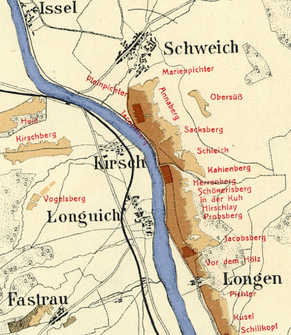 Die Abbildung zeigt die Umgebung des Ortes Longuich mit seinen Lagen. Aus der historischen Mosel-Weinbau-Karte für den Regierungsbezirk Trier aus dem Jahre 1906.