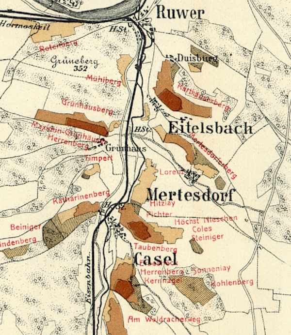 Die Abbildung zeigt die Umgebung des Ortes Lorenzhof mit seinen Lagen. Aus der historischen Mosel-Weinbau-Karte für den Regierungsbezirk Trier aus dem Jahre 1906.