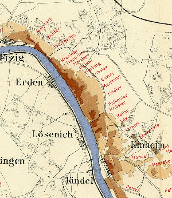 Die Abbildung zeigt die Umgebung des Ortes Lösenich mit seinen Lagen. Aus der historischen Mosel-Weinbau-Karte für den Regierungsbezirk Trier aus dem Jahre 1868.