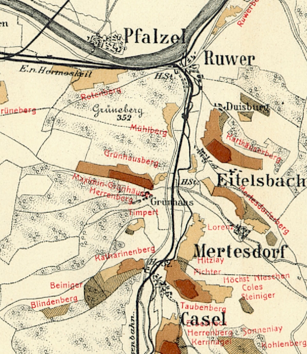 Die Abbildung zeigt die Umgebung des Ortes Mertesdorf mit seinen Lagen. Aus der historischen Mosel-Weinbau-Karte für den Regierungsbezirk Trier aus dem Jahre 1906.